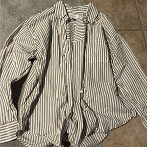 American Eagle Outfitters Beige and White Striped Button-Down Shirt